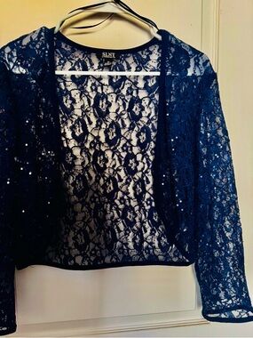 SLNY Navy Sequin Lace Open-Front Bolero